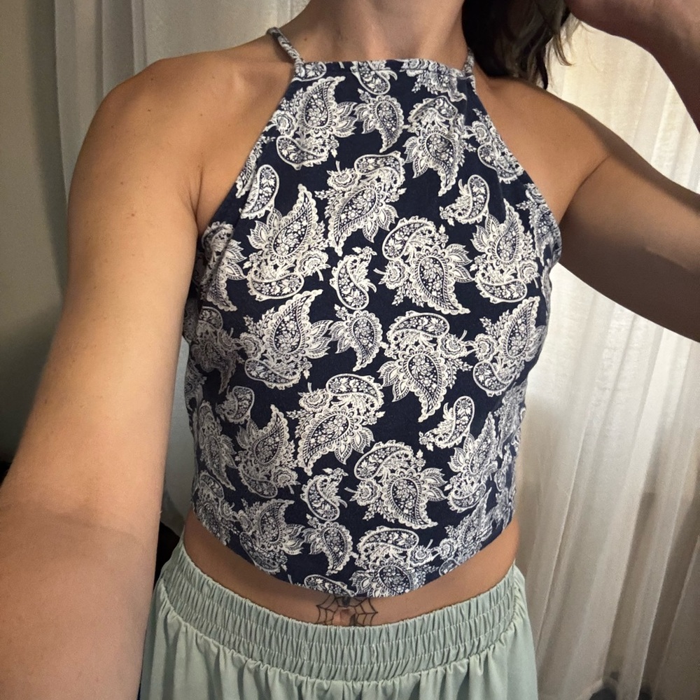 Charlotte Russe Navy and White Paisley Crop Top